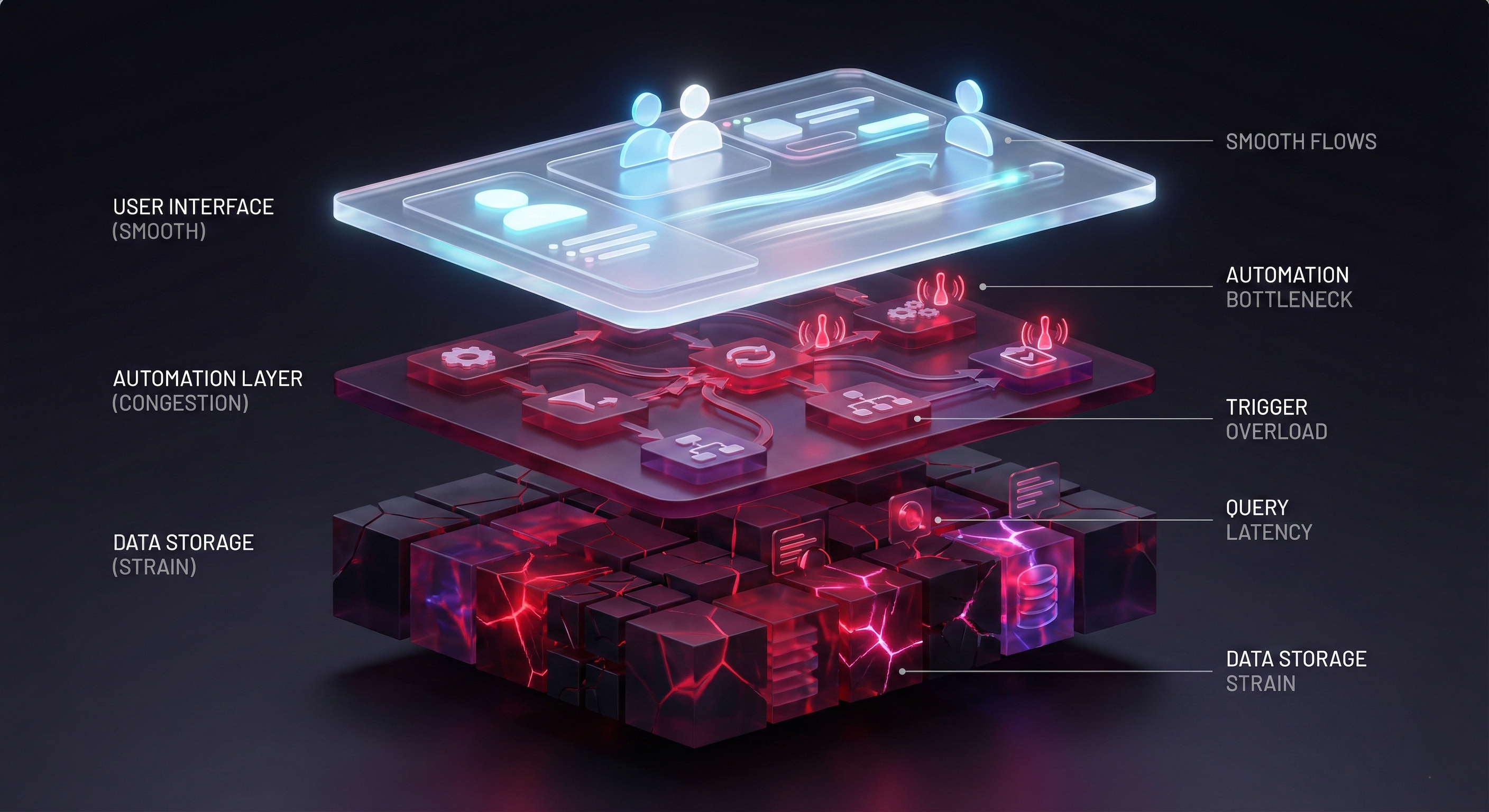 Performance debt visualization showing layers of system complexity