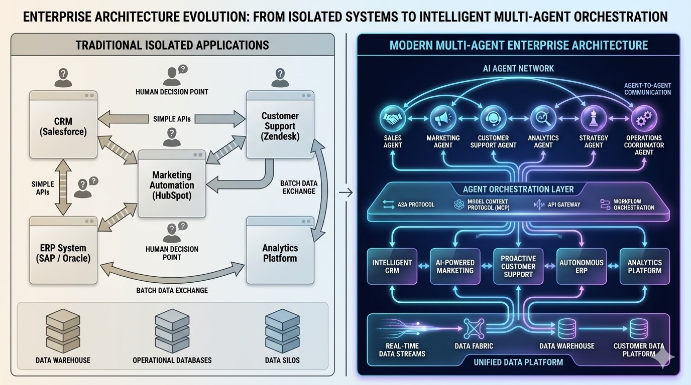 Enterprise architecture evolution — from traditional isolated applications with simple APIs and human decision points to modern multi-agent orchestration with AI agent networks, protocol layers, and unified data platforms